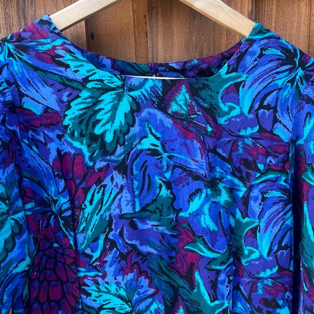 Vintage 80s Floral Midi Dress Secretary Tea Modest Bold Shoulder Pads Vtg Large - Picture 6 of 15